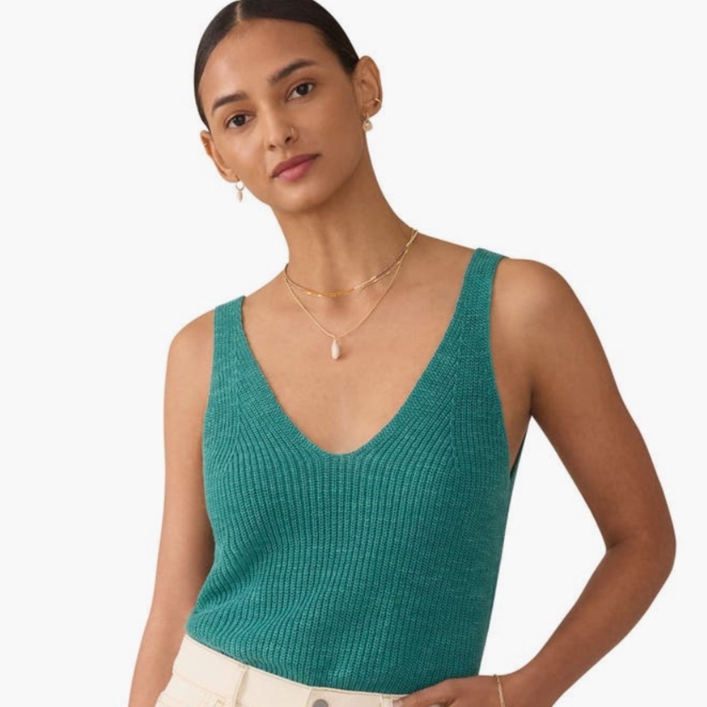 NEW Faherty Miramar Linen & Cotton V-Neck Sweater Tank in Deep Jungle